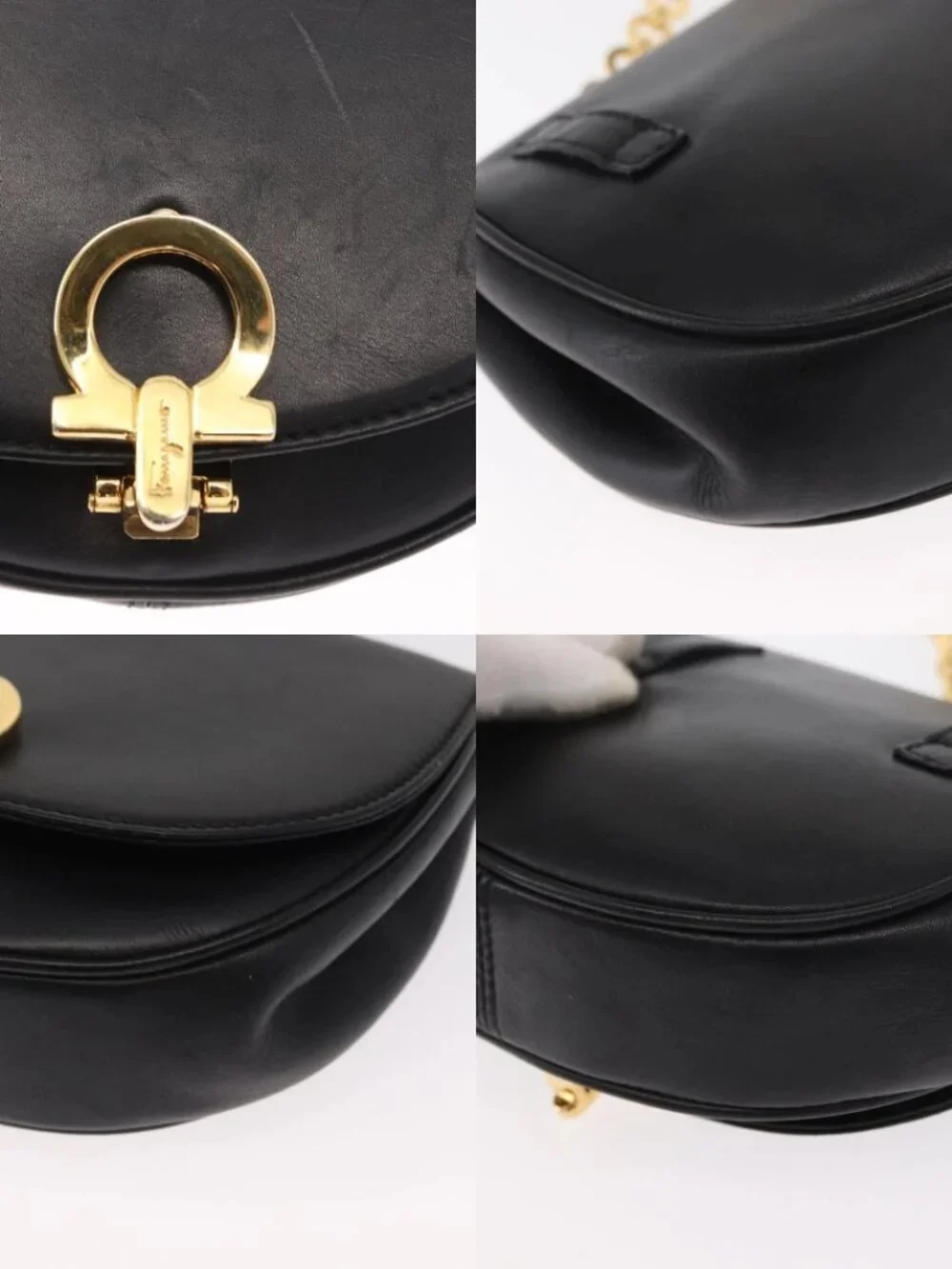 Salvatore Ferragamo Chain Gancini Shoulder Bag Leather Black Gold Auth 161032